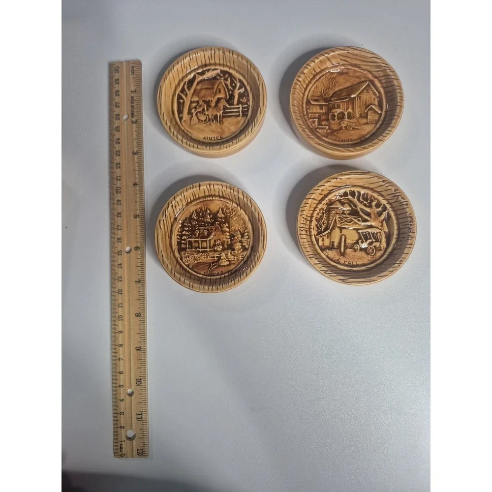 Duncan Enterprises 1982 Vintage Ceramic 4-Seasons Coasters & Holder Cottagecore